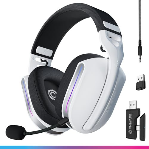Oniverse Casque Gaming sans Fil Compatible PS5 PS4 Switch PC Mobile, Casque Gamer léger LED Faible Latence 2.4GHz ou Bluetooth, Batterie 33h, Son virtuel 7.1, Double Micro - Polaris (Blanc)