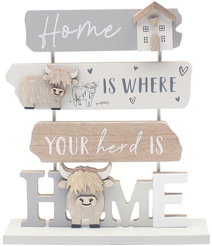 Lesser & Pavey Highland Cow Wooden Plaque | Home Decor Gift for Shelves | Ideal Birthday Present for Women and Men | Stylish Living Room Accessory for Homes