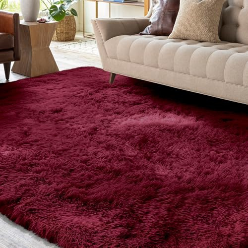 XSIVOD Hochflor Teppich Weinrot 80x160 cm, Weicher Teppich Wohnzimmer | Waschbarer flauschiger Hochflor Teppich, rutschfeste Matte für Schlafzimmer, Kinderzimmer und Büro, moderner weicher Teppich