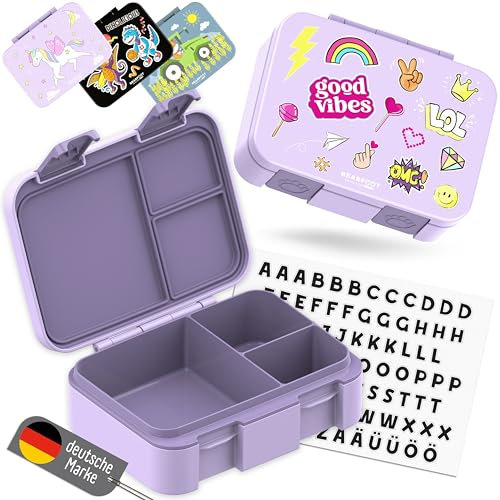 BEARFOOT Bento Box COMPACT | BPA-freie Kinder Brotdose für Schule & Kindergarten | Auslaufsichere Lunchbox für Mädchen & Jungen | Praktisch, leicht & kompakt (Sticker-lila, 650ml)