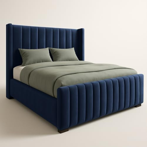 5FT King Ottoman Storage Wingback Bed Frame With Winged Panel Headboard Upholstered In Plush Velvet Sapphire Bed End Lift - No Mattress (Sapphire Plush, 5FT King Bed With Storage - No Mattress)