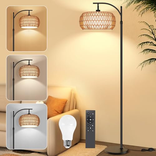 HERLLD Lampadaire sur Pied Salon avec Télécommande et Interrupteur à Pied, Lampadaire Rotin Boho à Arc avec Abat-jour Double, 3 Températures de Couleur, Ampoule E27 Fournie pour Salon Chambre Bureau