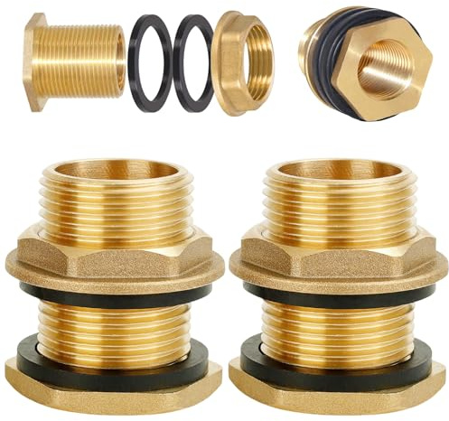Gativs 2 Stück Regentonnendurchführung, Tankverschraubung, Behälterverschraubung, IG 1/2 x AG 3/4 Fassverschraubung Messing Fassanschluss, Tankdurchführung, für Wasserhähne, Wassertonnen, Wassertanks