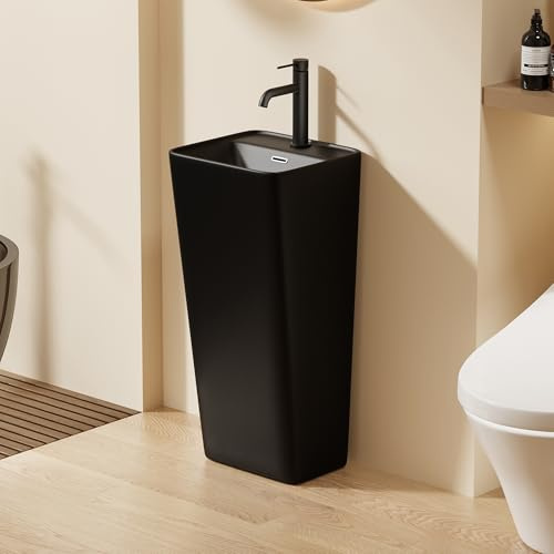 DILECI – Lavabo Totem Carré Noir 36x33x83 cm – Lavabo sur Pied en Céramique Mate – Design Monolithique et Compact – Idéal Salles de Bain, Espaces d’Accueil, Cabinets et Studios – Installation Simple