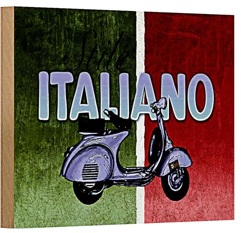 Stile Italiano | Targa in legno retrò | Vespa Design | Bandiera Italiana | 18 cm x 12 cm