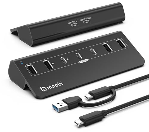USB C Hub,Powered USB Hub with 5V 3A Power Adapter, 10Gbps USB Splitter with 4 USB-A and 3 USB-C Ports, 7-Port Type C Multiport Adapter for MacBook Air/Pro, iPhone 16/15, Laptop and More(Black)