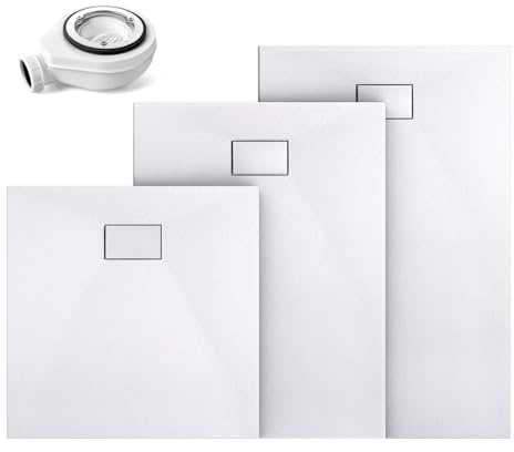 EMKE Duschwanne 90x90 cm Komplettset mit Siphon, Duschtasse 90x90 cm Anti-Rutsch, SMC Duschwanne Flach Zuschneidbar mit Abdeckung und Ablaufgarnitur Duschwannen Weiß