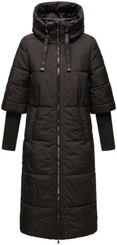 Navahoo Damen langer Wintermantel warmer Steppmantel mit Kapuze und Rippstrickärmeln Ciao Miau XIV XS-3XL