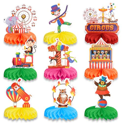 9 Stück Clown Tischdeko Karneval,Papier Wabenbälle Tischdeko,3D Zirkus Deko,Clown Zirkus Tier Thema Party Mittelstücke Dekoration,Karneval Deko für Karneval Zirkus Geburtstag Party