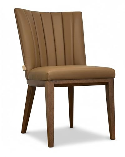 SIX Fenci Esszimmerstuhl aus Echtleder in Sand, Sitzkomfort mit Nosag-Federn, Robustes Hartholz, Belastbar bis 150 kg, Ideal für Büro, Küche, Gastronomie, Nussbaum (Hellbraun)
