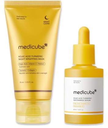medicube Kojic Acid Overnight Care & Nourish Duo for Troubled Skin: Kojic Acid Turmeric Overnight Wrapping Peel Off Mask 2.0 and Kojic Acid Turmeric Clarifying & Balancing Capsule Serum