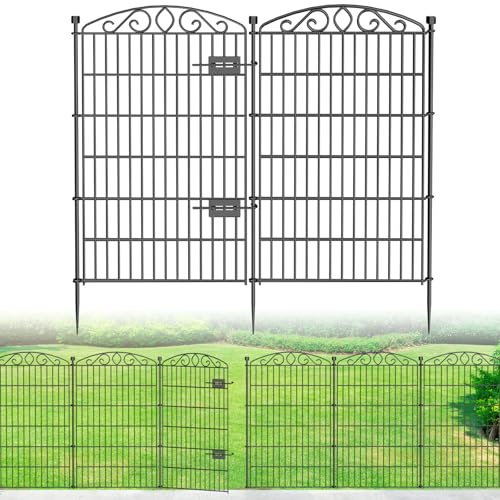 12-teiliger dekorativer Gartenzaun ohne Graben mit Tür – 107 cm hoch / 8.1 m lang. Hoher Metall Tierbarriere für Hunde & Kaninchen, rostfrei Metall-Schutzzaun für Blumenbeet, Hof, Terrasse