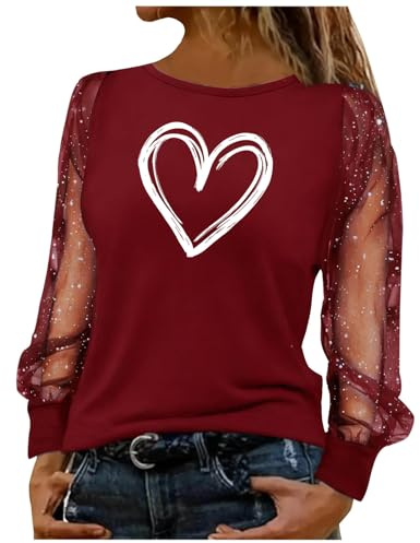 NSICBMNO Oberteil für Damen, glitzernde Pailletten, Partykleidung, durchsichtig, langärmelig, V-Ausschnitt, Bluse, Rundhalsausschnitt, weite T-Shirts, lässige Blusen, elegante Blusen, E Rot, S