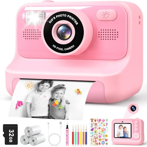 Prinhero Appareil Photo Instantané Enfant - 2.4 Écran Appareil Photo Numérique Enfant avec Mode Selfie et Carte 32GB et Papier d'impression - Cadeau Jouet pour Enfant Garçons Filles de 3-12 Ans - Rose