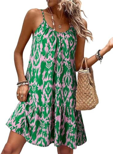 Dokotoo Women's Summer Dresses Fashion Womens Boho Sundresses Sexy Spaghetti Strap Deep V Neck Smocked Ruffle Flowy Sundress Vacation Casual Ladies Mini Dress Green L