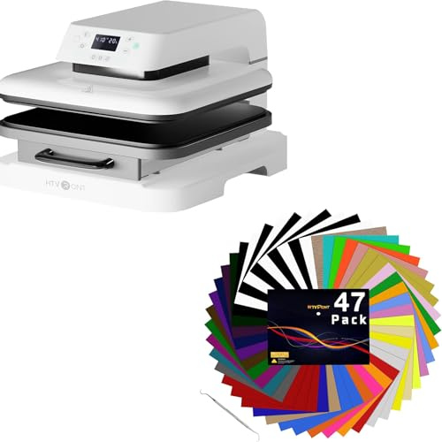 HTVRONT Auto Heat Press Machine for T Shirts - 15x15 (38x38CM) Smart T Shirt Press Machine with Auto Release +HTVRONT Heat Transfer Vinyl - 47 Pack 12 x 10(30.5x25.4CM) Iron on Transfers