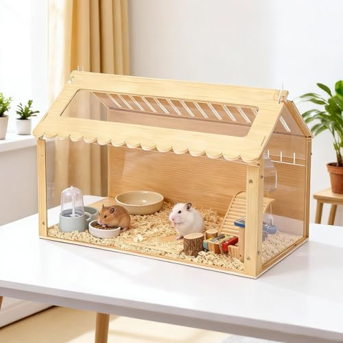 Clickovia Hamsterkäfig aus Holz, 60 * 32 * 38 cm Hamstergehege mit Belüftungslöchern, Transparenter Kleintierkäfig mit Acrylfenster und aufklappbarem Deckel für Zwerghamster, Rennmäuse