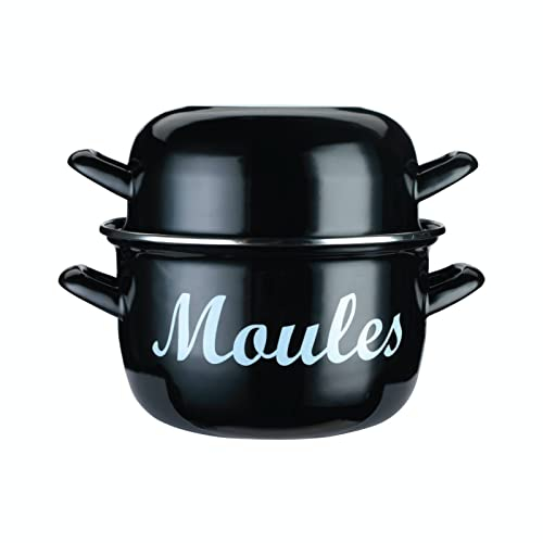 KitchenCraft Olla para mejillones, Mundo de sabores, Tapa esmaltada de doble uso, Mediana 18 cm (6.5''), Negra