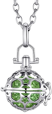 Morella Damen Schutzengel Halskette Edelstahl 70 cm mit Anhänger Sterne und Klangkugel Zirkonia grün Ø 16 mm in Schmuckbeutel