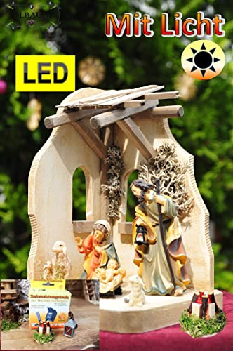 Lagerfeuer Krippenbeleuchtung, 14-tlg. Weihnachtskrippe mit Figuren und Beleuchtung (Trafo, Laterne, LED Lagerfeuer, Anschluß-Set), MIT 6-tlg. PREMIUM-Krippenfiguren, Krippenstall mit heiliger Familie Maria, Josef, 2 Schafe, jesus und Krippchen, mit Holzdach