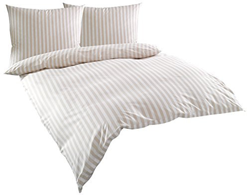 Bettwaesche-mit-Stil Mako Batist/Mako Perkal Landhaus Bettwäsche Streifen Oslo gestreift (200 cm x 220 cm + 2X 80 cm x 80 cm, Beige - Streifen)