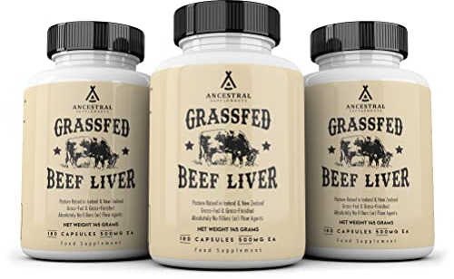 Ancestral Supplements Grass Fed Beef Liver Capsules, Supports Energy Production, Detoxification, Digestion, Immunity and Full Body Wellness, Non-GMO, Freeze Dried Liver Health Supplement, 180 Capsules