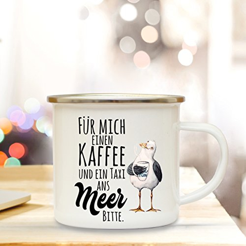 ilka parey wandtattoo-welt Emaille Becher Camping Tasse maritim Möwe & Spruch Motto Kaffee und ein Taxi ans Meer bitte Kaffeetasse Geschenk eb117