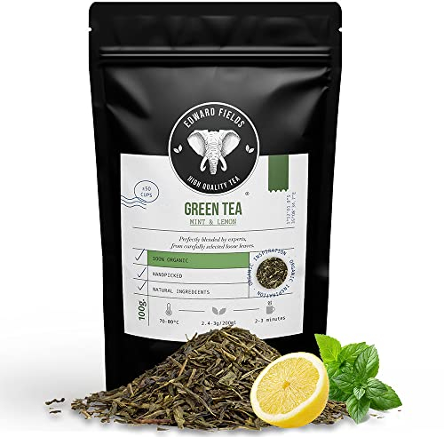 Edward Fields Tea ® - Tè verde Sencha sfuso biologico con Menta e Limone. Tè biologico cinese raccolto a mano con ingredienti naturali ed ecologici, 100g, Cina.