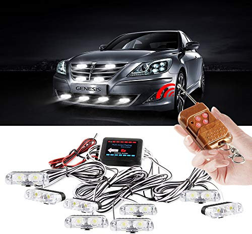 8x2LED 8 en 1 DC12V Télécommande Sans Fil LED Lumière Stroboscopique Avertissement - Feu Clignotant Pour la Grille du Camion de Voiture DRL Ambulance Police Moto (8 Lumière Blanc)