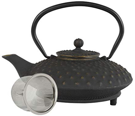 teeblume | gusseiserne Teekanne Kambin | Gusseisen-Teekanne mit Sieb | inkl. gratis Untersetzer in schwarz | Teekessel innen komplett emailliert | Gold | 800ml