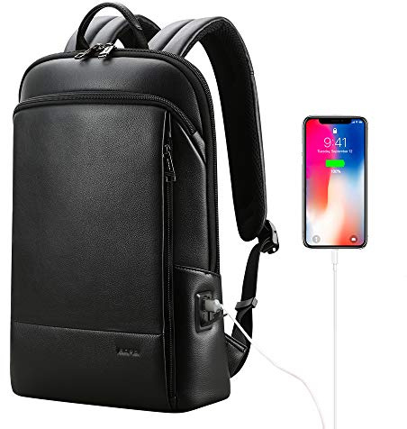BOPai Zaino unisex sottile in vera pelle per computer portatile da 15 a 15,6 pollici, professionale, leggero, con ricarica USB, per ufficio, pendolari, computer executive, antifurto, nero
