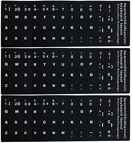 LAANCOO Repuesto Pegatinas Teclado Español, no Transparente con el Fondo Negro en Letras Blancas para portátiles, Ordenadores de sobremesa 3 Piezas