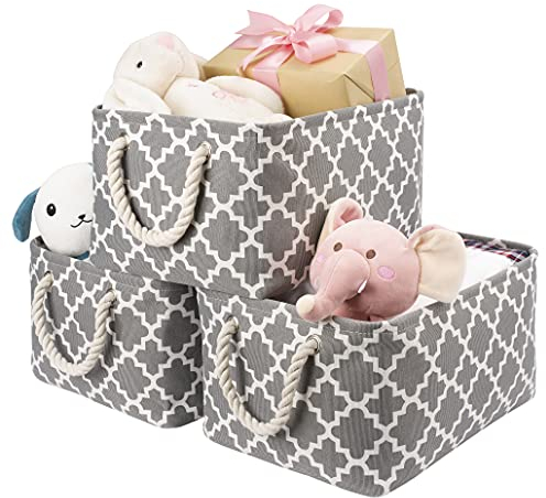 Set of 3 Large foldable canvas Storage Baskets with cotton rope Handles, Collapsible grey fabric storage box basket, Storage boxes Organiser for Shelves, wardrobe, toy, Clothes, bedroom, bathroom