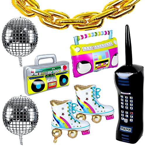27 Stück 80er 90er Jahre Partydekorationen: aufblasbare Kettenballons, Boombox, Handy, Regenbogen-Rollschuh, Disco-Ballon für Disco-Themen-Geburtstagsparty-Zubehör