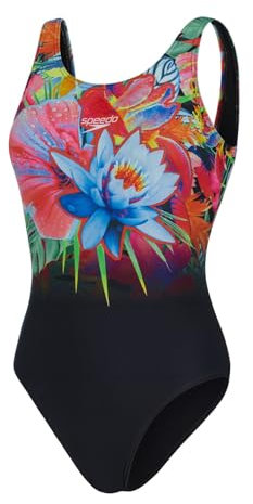 Speedo Femme Digital Placement U-Back One Piece Swimsuit, Noir/Siren Red/Vital Blue, 36 EU
