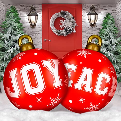 2 Stück 61 cm große große Weihnachtskugeln zum Aufblasen von Weihnachten, aufblasbar, riesiger Weihnachtsball, PVC, dekoriert, für Weihnachten, Urlaub, drinnen und draußen (Joy Peace, Rot, Weiß)