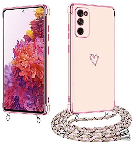 E-Lush Handyhülle für Samsung Galaxy S20 FE Hülle mit Band, Herz Love Muster Galvanik Silikon Handy Hülle für Samsung S20 FE Schutzhülle mit Kordel zum Umhängen Kameraschutz Stoßfeste Case, Roségold