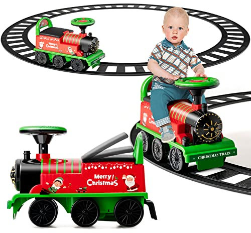 COSTWAY Train Porteur Electrique Enfants avec 16 Pièces de Rails, Voiture Porteur en Forme Lion avec Lumières & Sons, Boîte de Rangement Caché & 6 Roues, Charge 25kg pour Enfants de 3 Ans+
