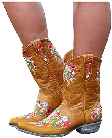 Stiefel Damen, Stiefel Damen Stiefeletten mit Absatz Blumen Blockabsatz Kurzschaft Cowboystiefel Winterstiefel Elegant Ankle Cowboy Boots Winter Kurz Stiefel Winterschuhe Damenstiefel
