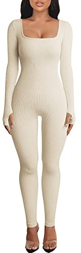 OEAK Damen Sport Jumpsuit Lang Eng Yoga Bodysuit Overall Stretch Langarm Bodycon Strampler Sportanzug Einteiler Hosenanzug Trainingsanzug,Beige,S