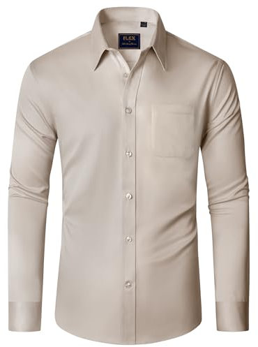 J.VER Men's Dress Shirts Solid Long Sleeve Stretch Wrinkle-Free Formal Shirt Business Casual Button Down Shirts Khahi Beige L