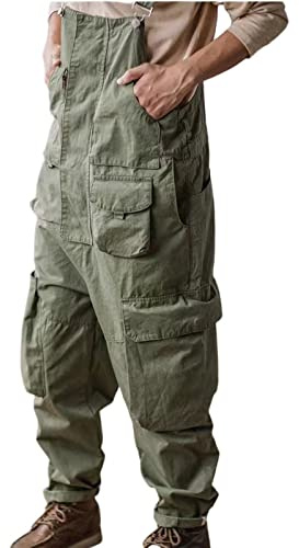 BELWAD Denim Overalls für Herren Vintage Gerade Cargo Overall mit Mehreren Taschen Strampelhöschen mit Reißverschluss,Grün,L