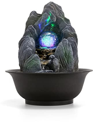Dyna-Living Fuente de interior, fuente de agua de mesa, fuente de agua de meditación Rockery con bola de cristal LED, función de agua interior para decoración de oficina en casa, relajación, 11.02 x