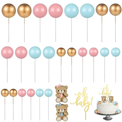 ALTcompluser 27 Stück Süße Bär Tortendeko Kugeln mit Oh Baby Cake Topper Gold DIY Schaumkugeln Kuchen Topper für Jungen Mädchen Gender Reveal Party Deko Babyparty Hochzeitstag(Blau/Rosa/Gold)