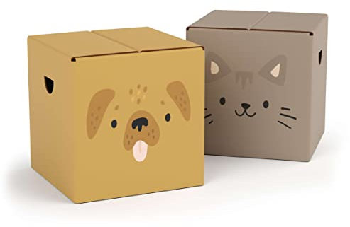 FOLDZILLA Kinderhocker Pappe 2er Set 29 x 29 x 29 cm – Papphocker Sitzhocker Falthocker Sitzwürfel Hocker Kinderzimmer – Niedlicher Hund & Katze