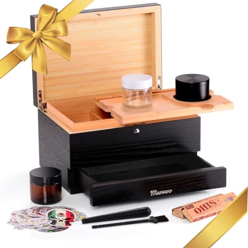 Marvero Großes Bambus Box Tablett Set, Geschenk Set Grinder Box Premium Stash Box Herausnehmbares Tablett | Gläser Crusher Set| Allem Zubehör (25 * 18 * 14 CM)