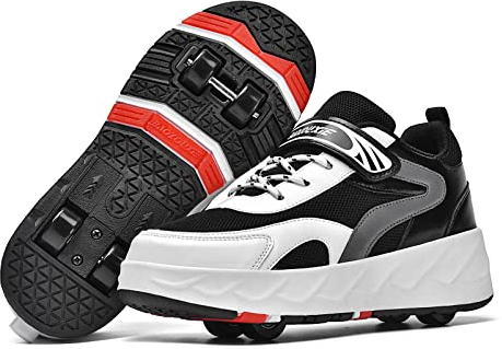 XRDSHY Schuhe Mit Rollen 2-in-1 Rollschuhe Kinderschuhe Skateboardschuhe Sneakers, 4-Rad Roller Skates Laufsportschuhe, Verstecktes Hinterrad,Black-43 EU