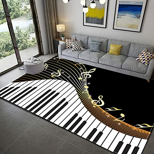 LOMDEM Schwarz Weiß Klaviertasten 3D Teppich Braun Teppiche Für Wohnzimmer Schlafzimmer DJ Musik Symbole Spiel Bodenmatten rutschfest Waschbar Büro Kaffeetisch Teppich (Farbe 2,120x160 cm)