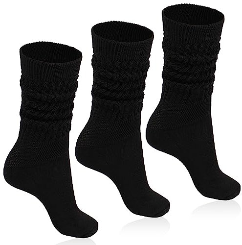 Moon Wood Slouch Socken Damen 3 Paare Schwarz Kniestrümpfe Extra lange Baumwolle stricken Knie hoch dick Scrunch Socken Schuhgröße 36-42