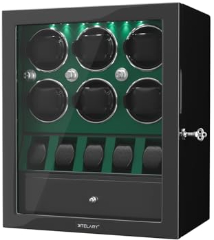 XTELARY Automatische Uhrenbewegerbox für 6 Uhren mit 5 flexiblem Uhrenaufbewahrungsraum und Schmuckaufbewahrungsschublade, eingebaute LED-Beleuchtung, leise Mabuchi-Motoren, Green
